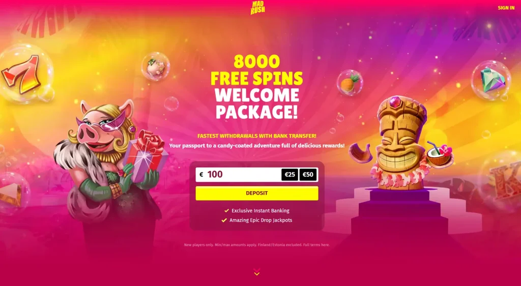 Startsida hos Mad Rush casino med färgglad grafik, information om välkomstpaket med free spins och insättningsruta för banköverföring.