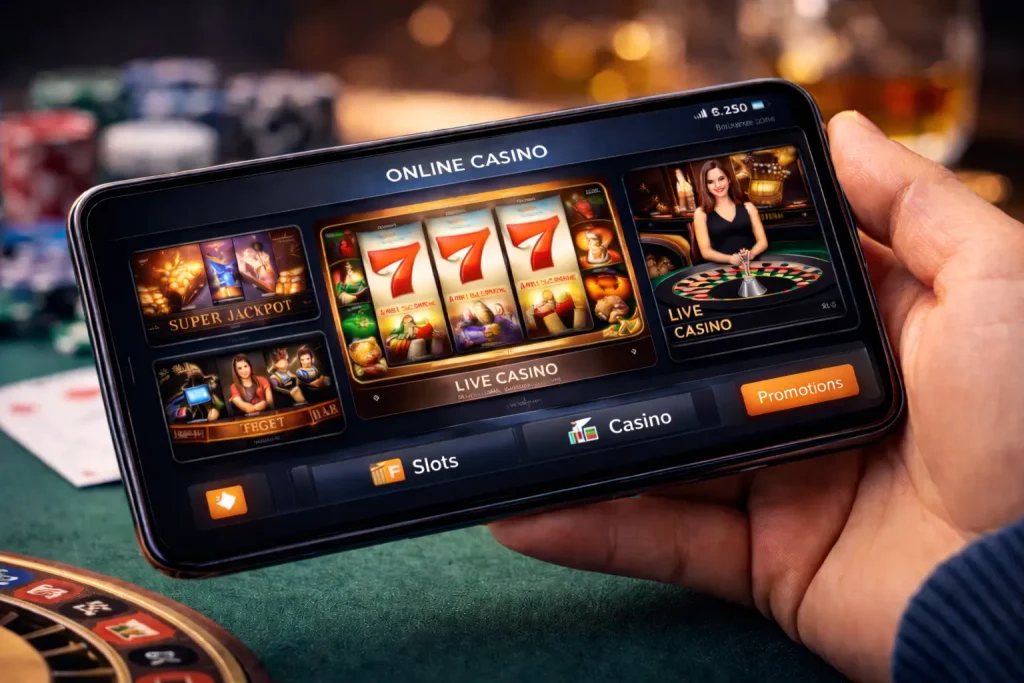 Mobiltelefon i liggande läge som visar ett modernt online casino med slots och live casino, placerad på ett grönt spelbord med marker i bakgrunden.